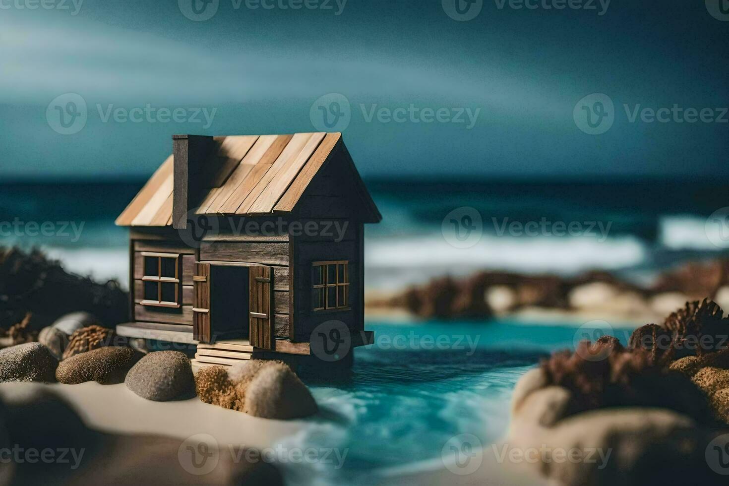 a miniature house on the beach by the ocean. AI-Generated photo