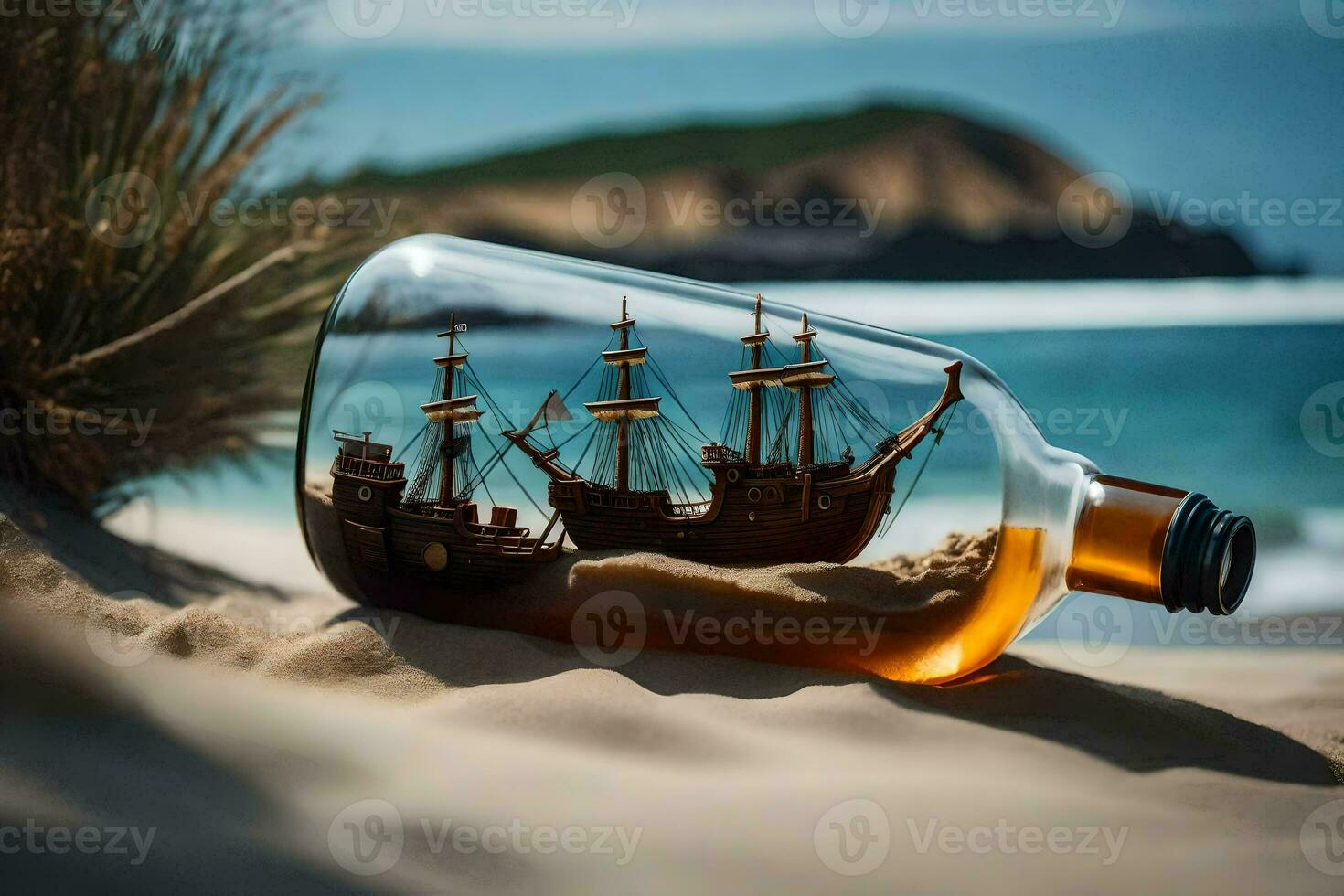 ship in a bottle on the beach. AI-Generated photo