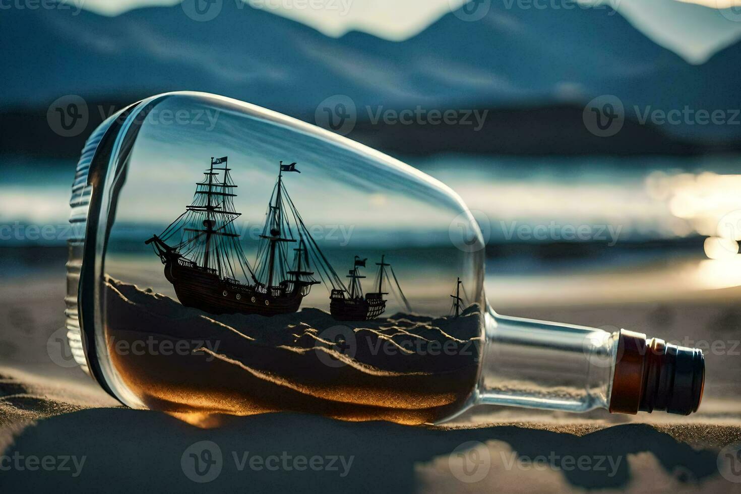 a bottle with a ship in it on the beach. AI-Generated photo