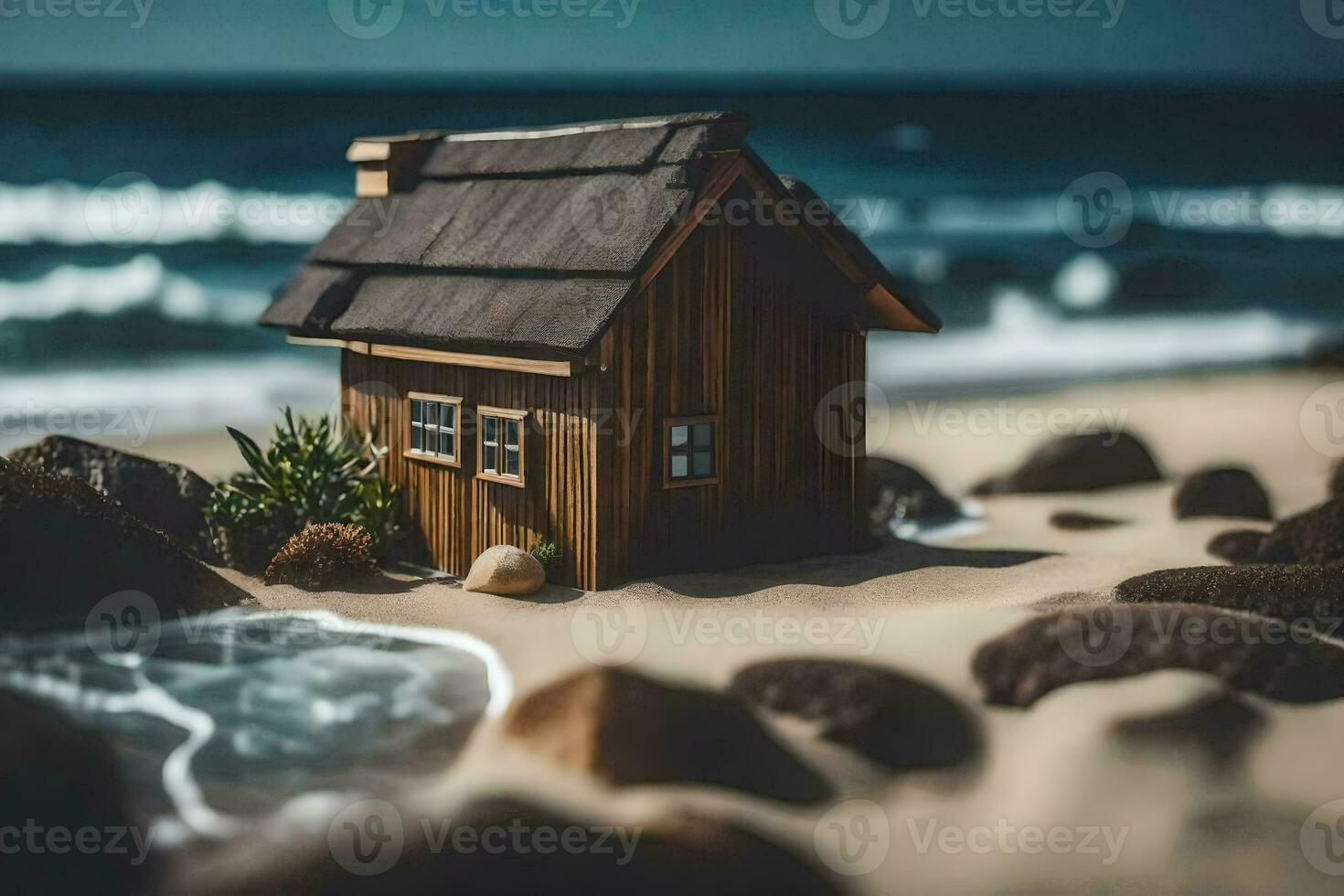 a small wooden house on the beach with rocks and water. AI-Generated photo