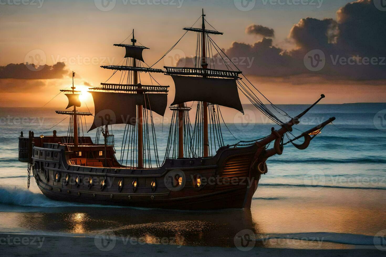 a pirate ship is on the beach at sunset. AI-Generated photo