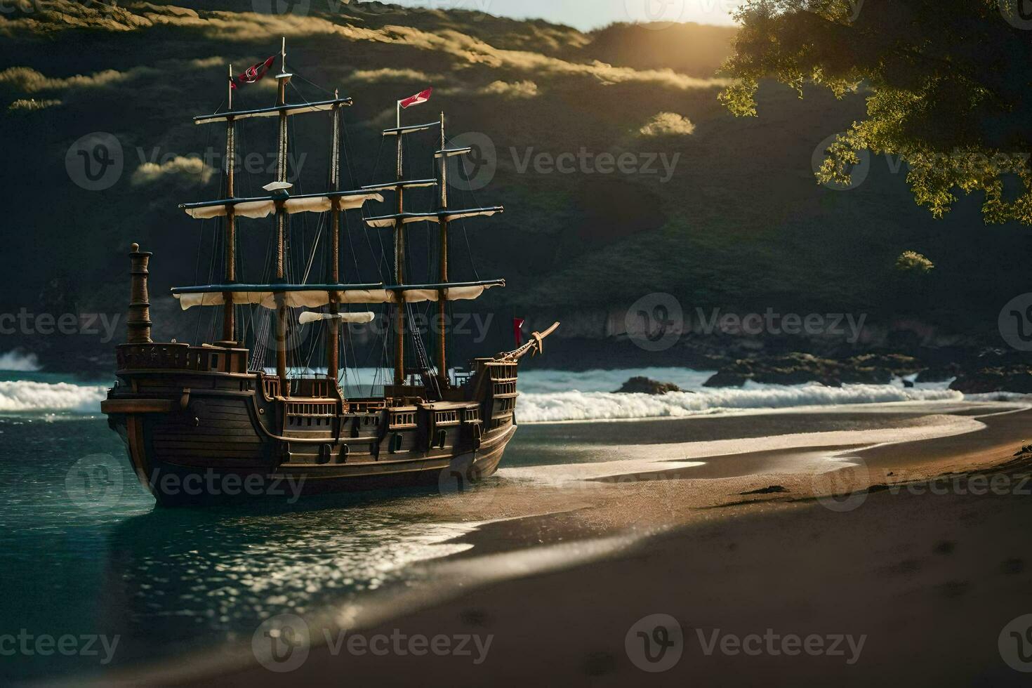 a pirate ship is on the beach near the ocean. AI-Generated photo