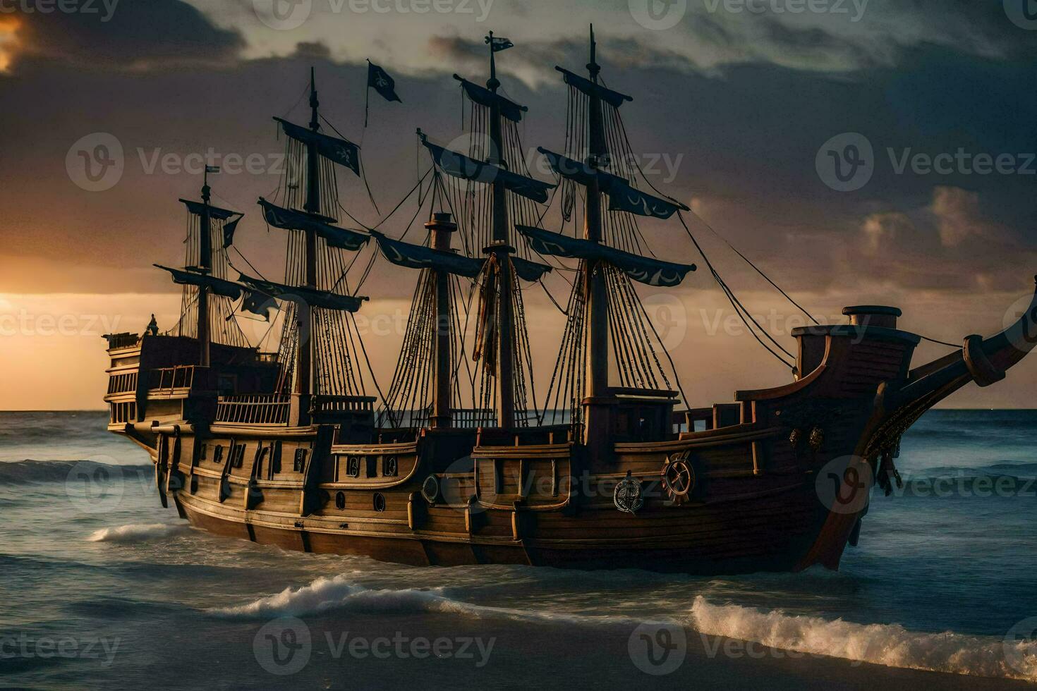 a wooden pirate ship in the ocean at sunset. AI-Generated photo