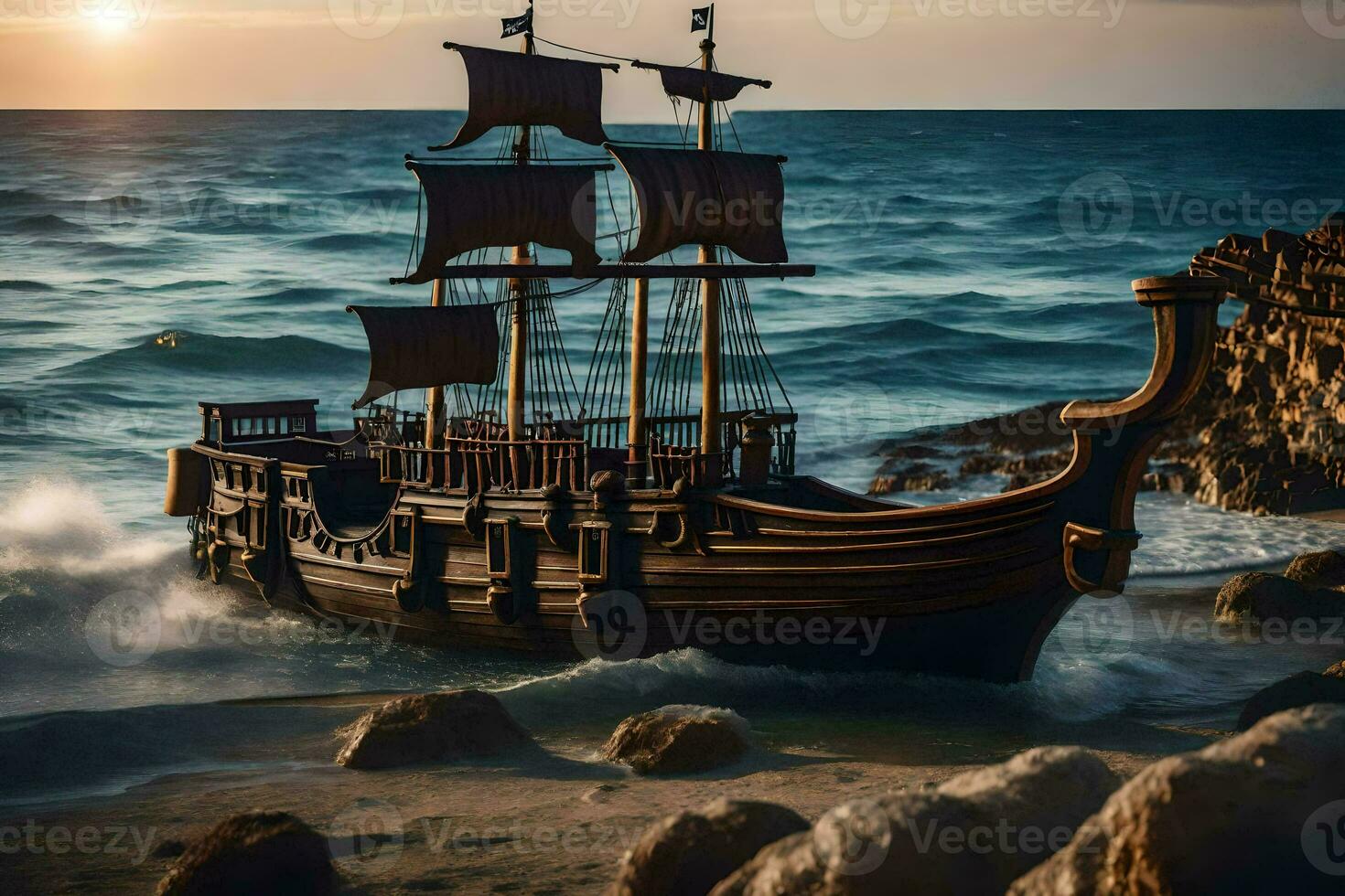 a wooden ship on the beach at sunset. AI-Generated photo