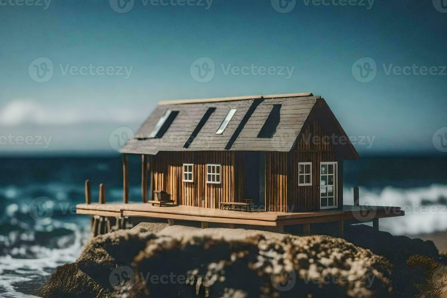 a miniature house on a rock by the ocean. AI-Generated photo