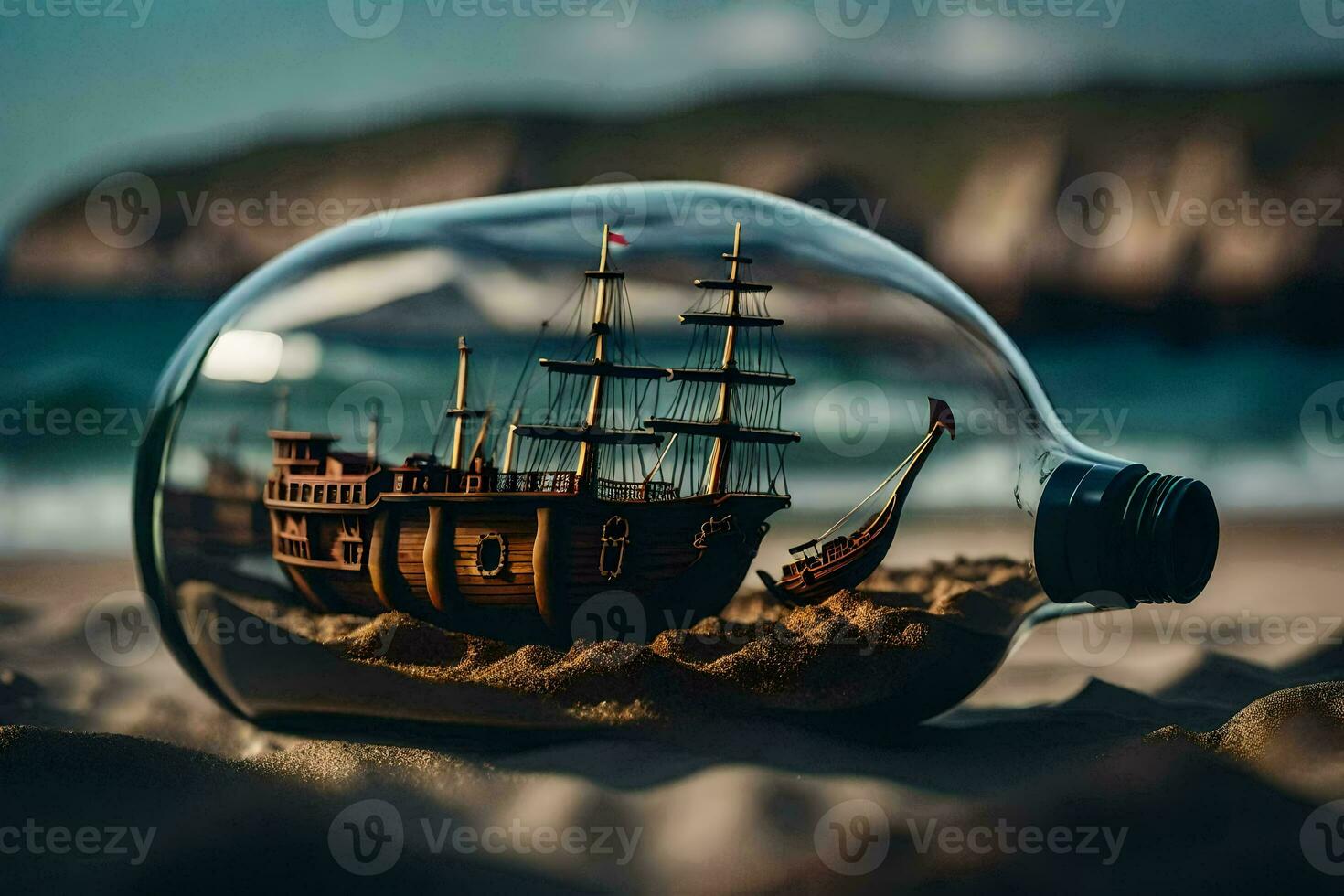 ship in a bottle, sand, beach, sand, sand, beach, sand, beach,. AI-Generated photo