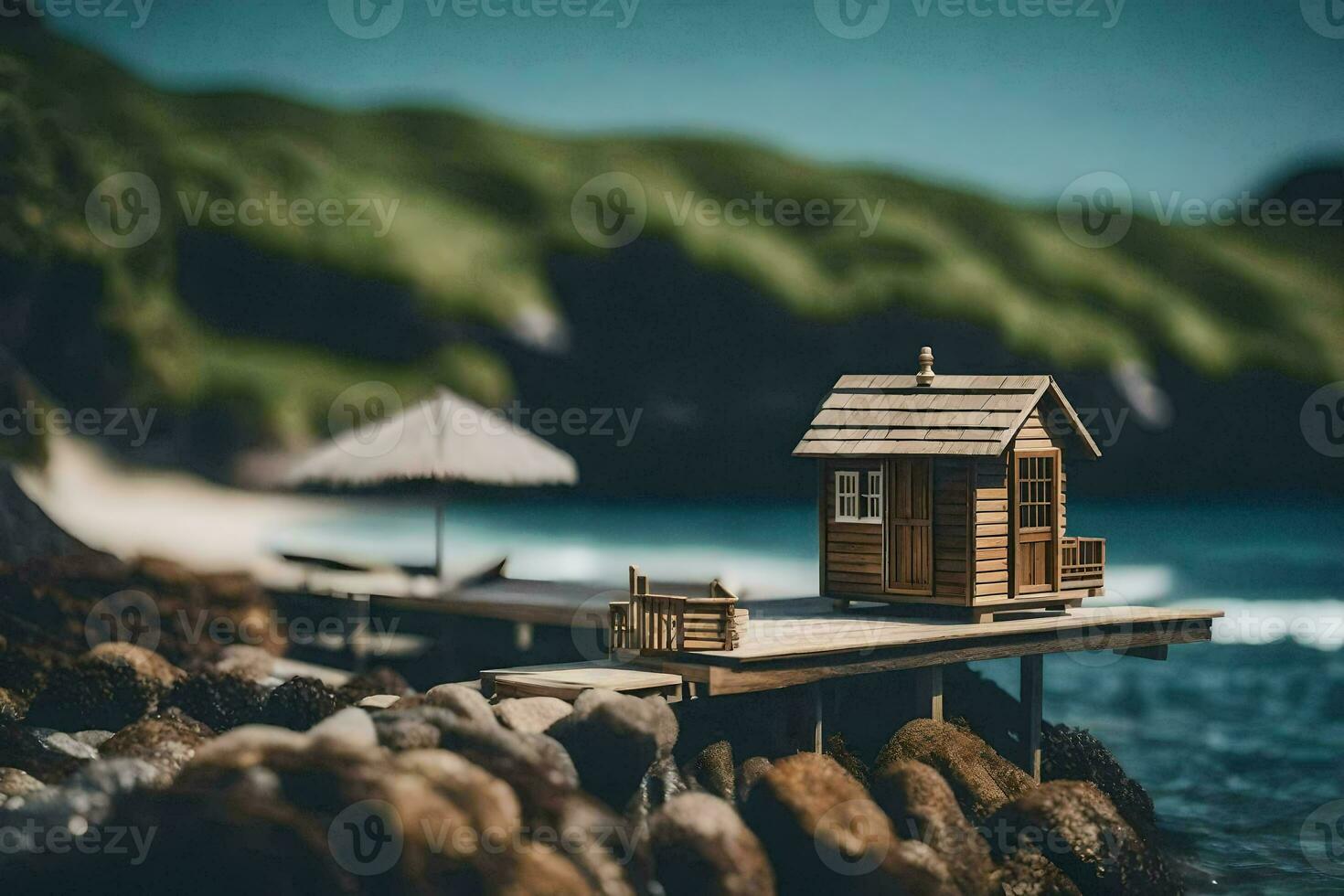 un miniatura casa en un muelle por el océano. generado por ai foto