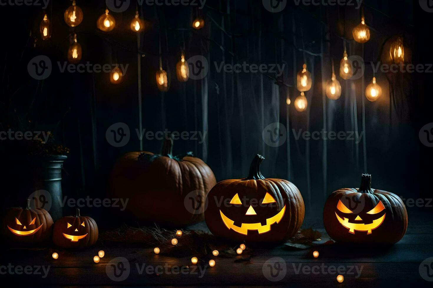 halloween pumpkins with lights on a dark background. AI-Generated photo