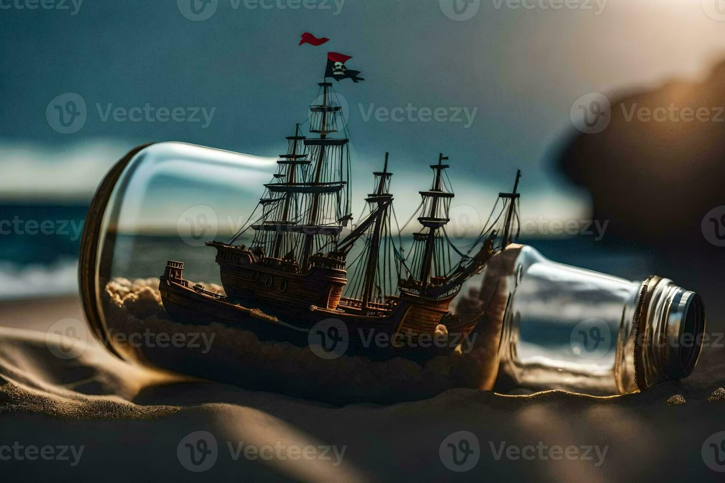 a ship in a bottle on the beach. AI-Generated photo