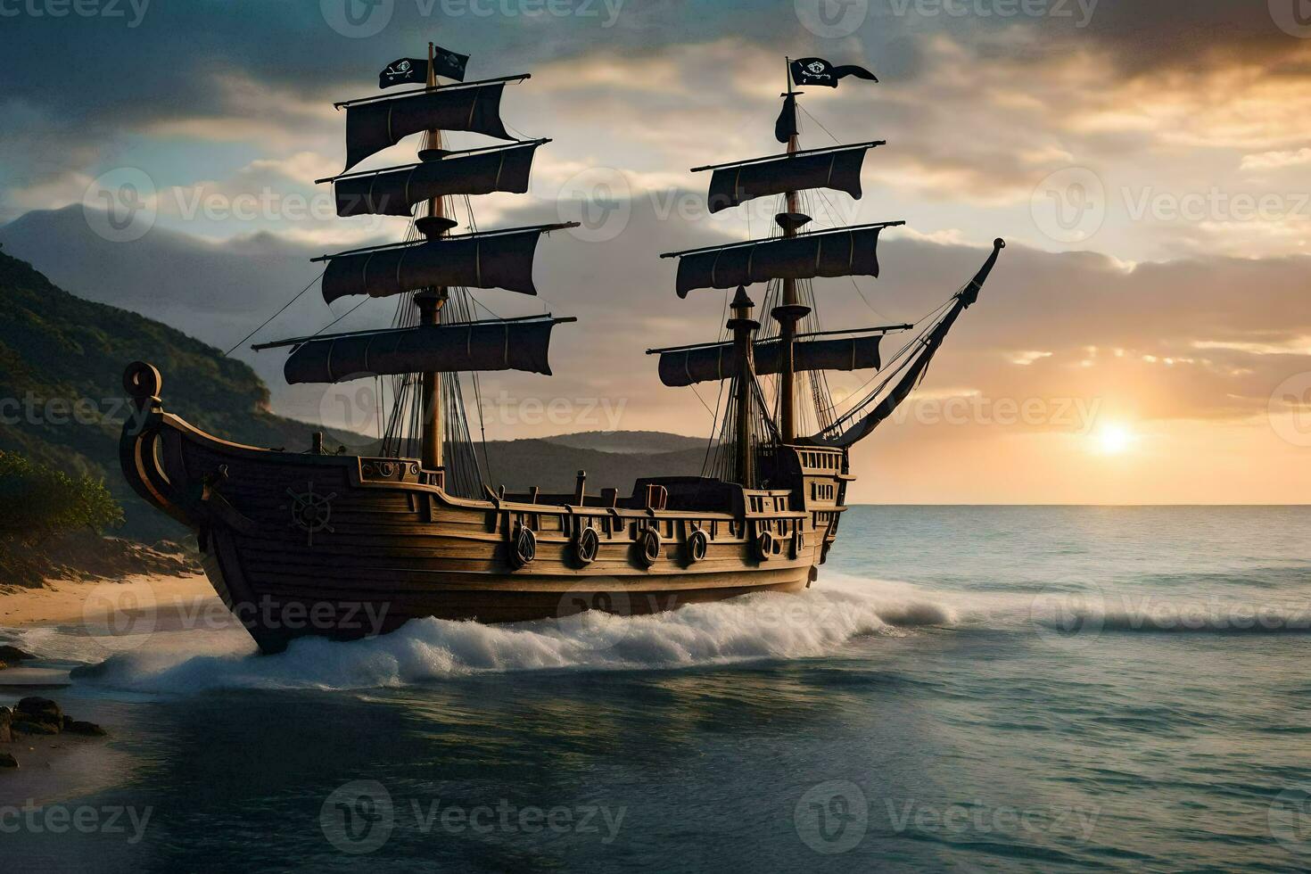 a pirate ship is sailing on the ocean at sunset. AI-Generated photo