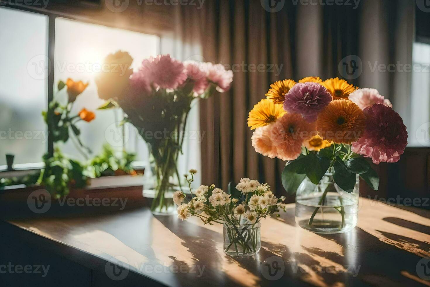 flowers in vases on a table in front of a window. AI-Generated photo