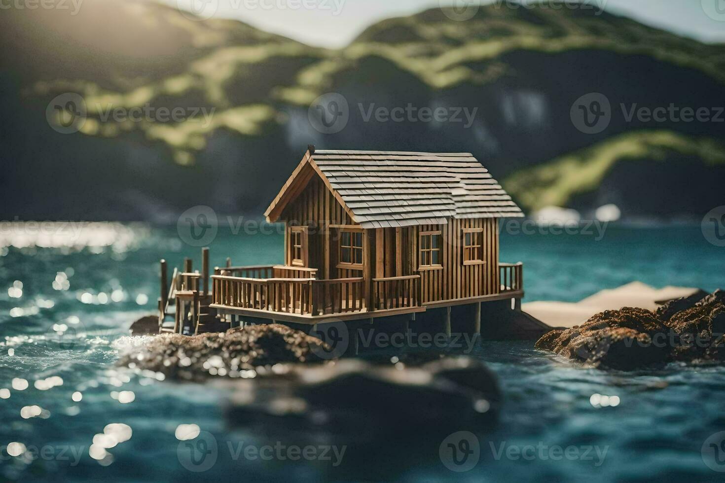 tiny house on rocks in the ocean. AI-Generated photo