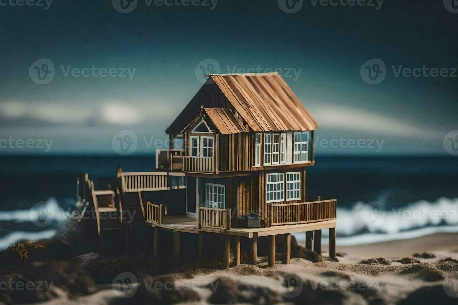a miniature house on the beach with a view of the ocean. AI-Generated photo