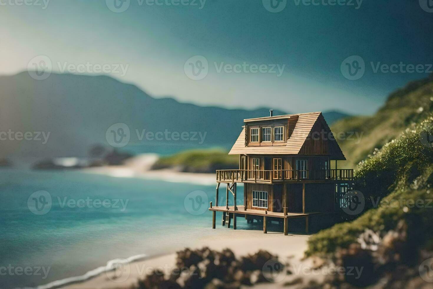 un miniatura casa en el playa por el océano. generado por ai foto