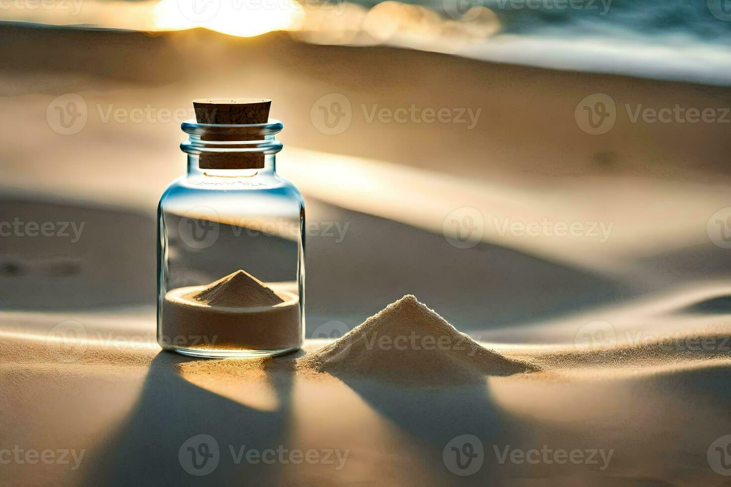 a bottle of sand on the beach. AI-Generated photo