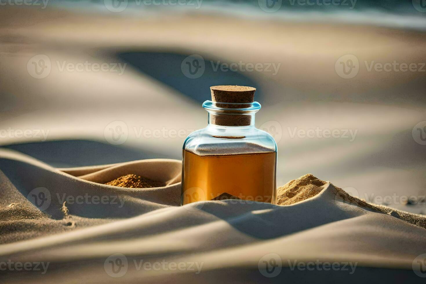 a bottle of sand in the desert. AI-Generated photo