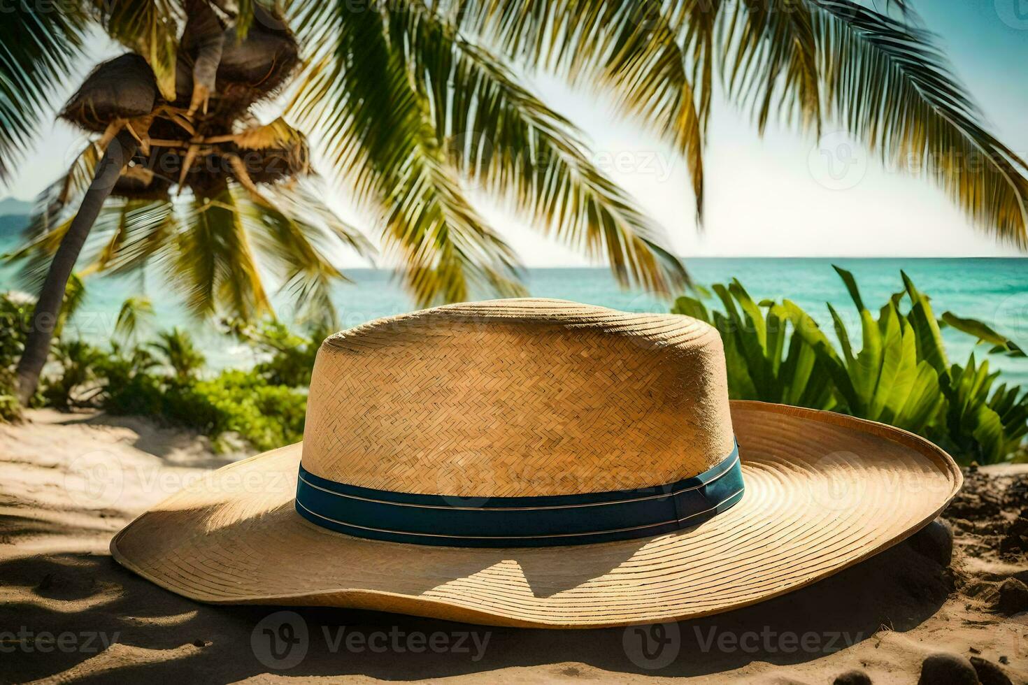 a hat sits on the sand near the ocean. AI-Generated photo