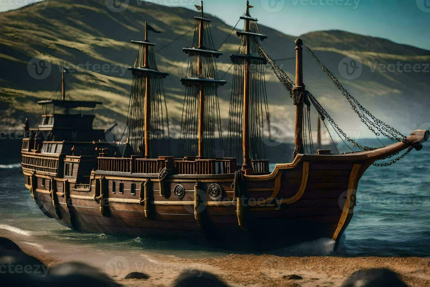 a wooden ship on the beach near rocks. AI-Generated photo