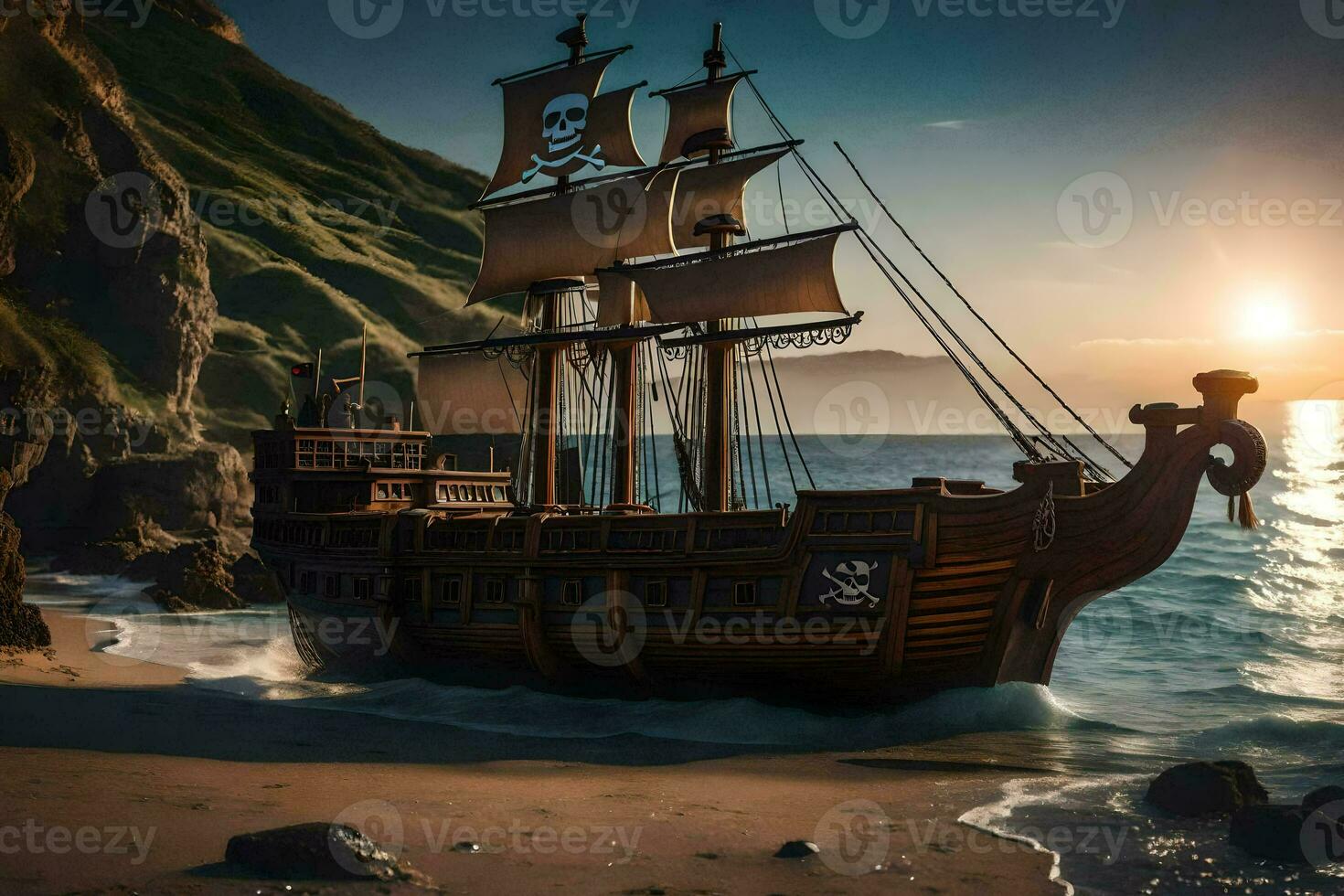 a pirate ship is on the beach at sunset. AI-Generated photo