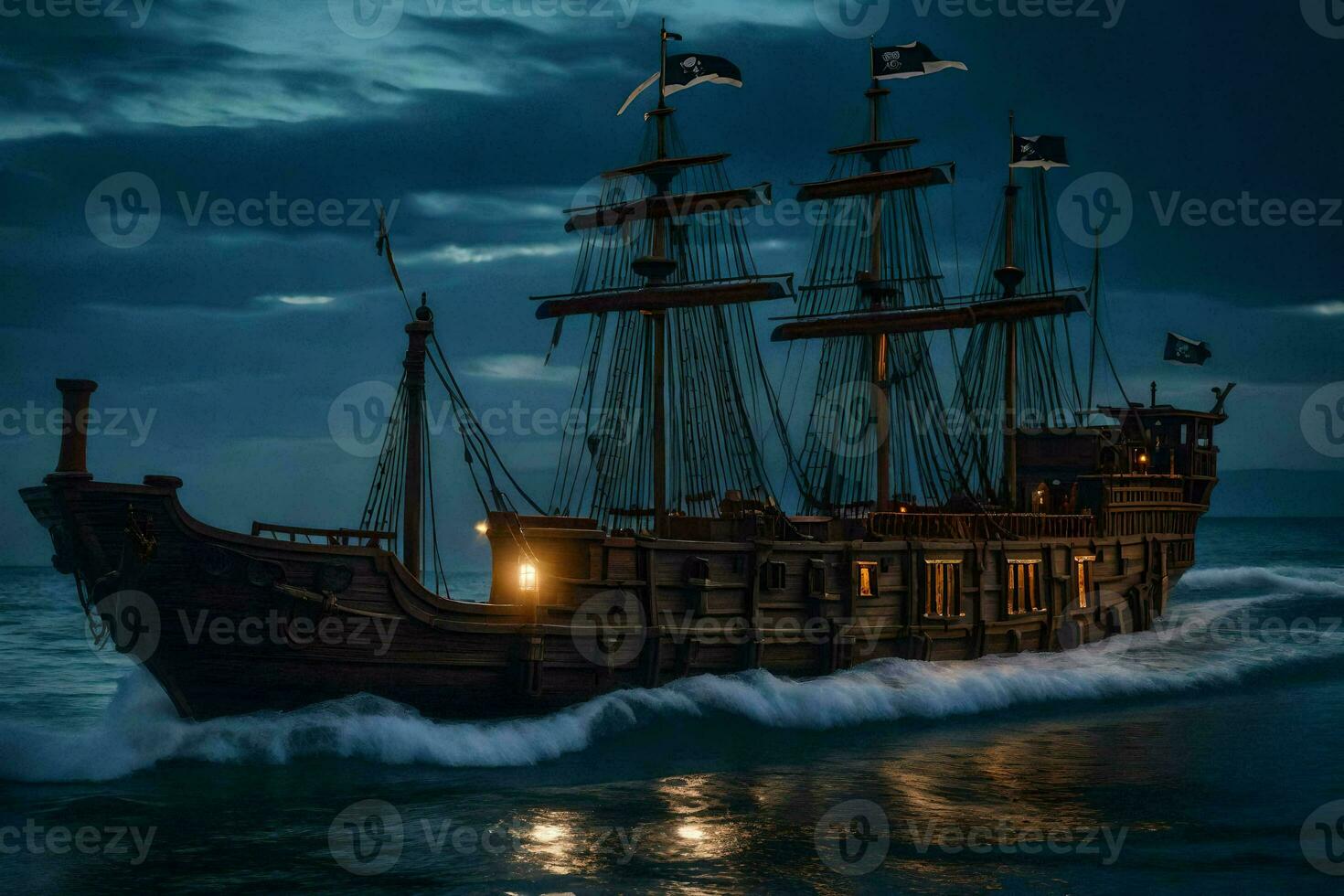 a pirate ship sailing in the ocean at night. AI-Generated photo