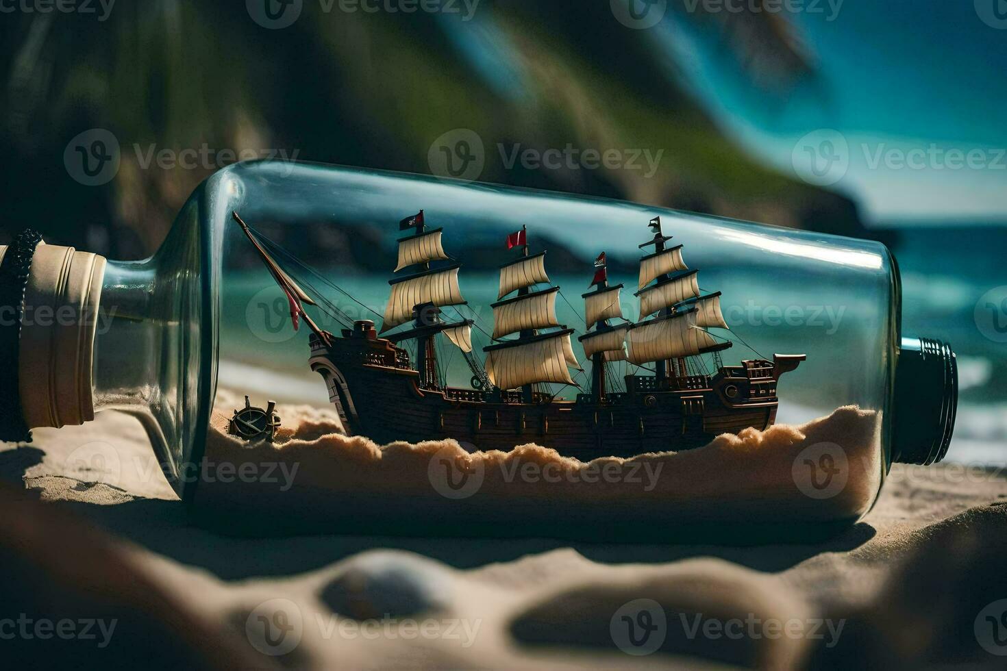ship in a bottle, beach, sand, sea, sand, ocean, sand, beach,. AI-Generated photo