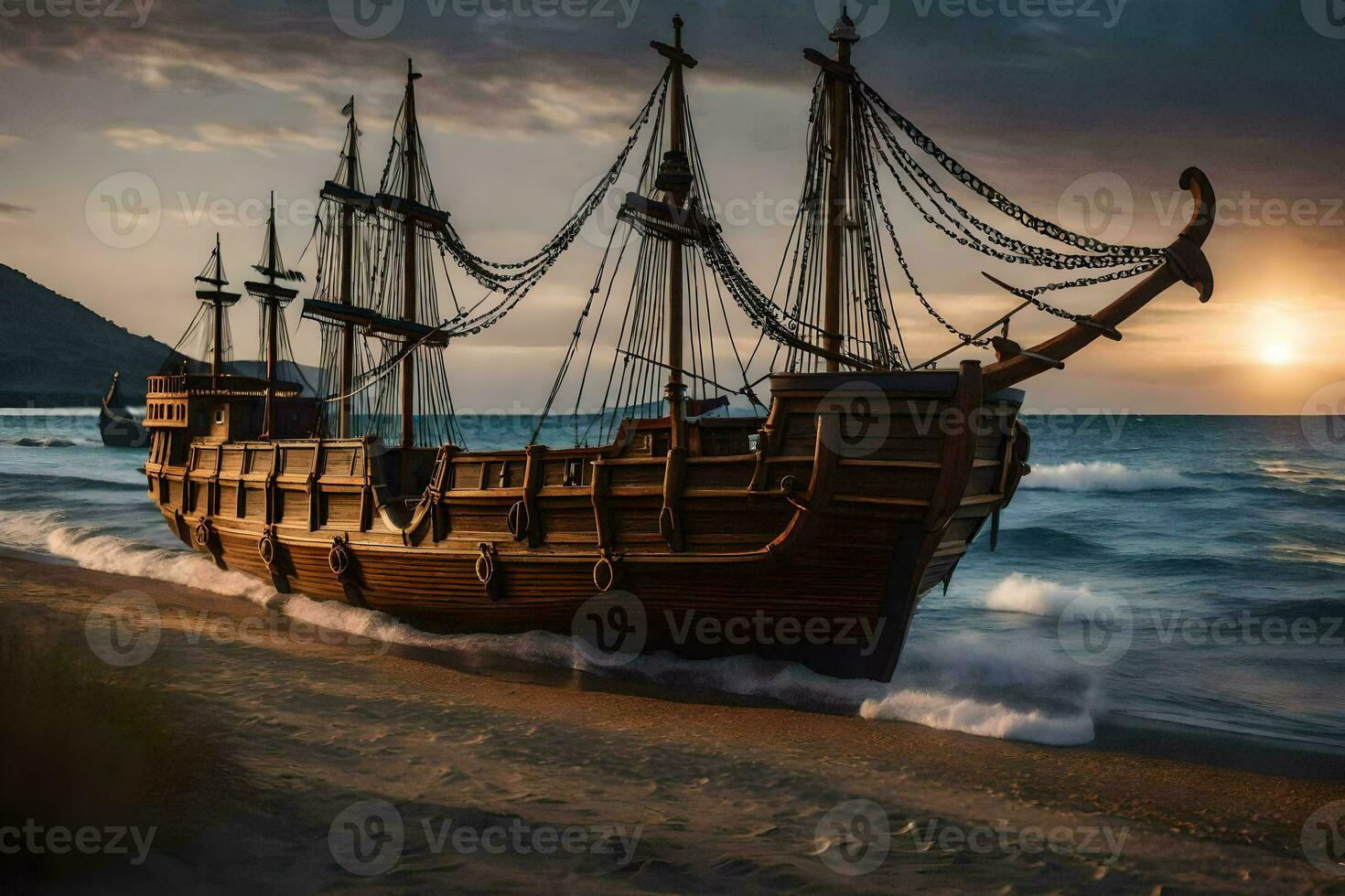 a wooden ship on the beach at sunset. AI-Generated photo