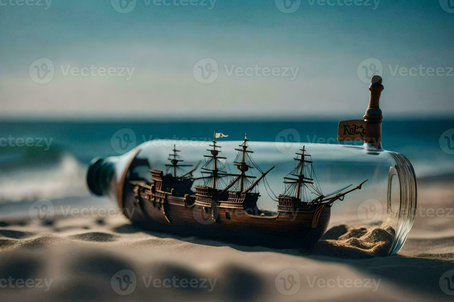 ship in a bottle on the beach. AI-Generated photo