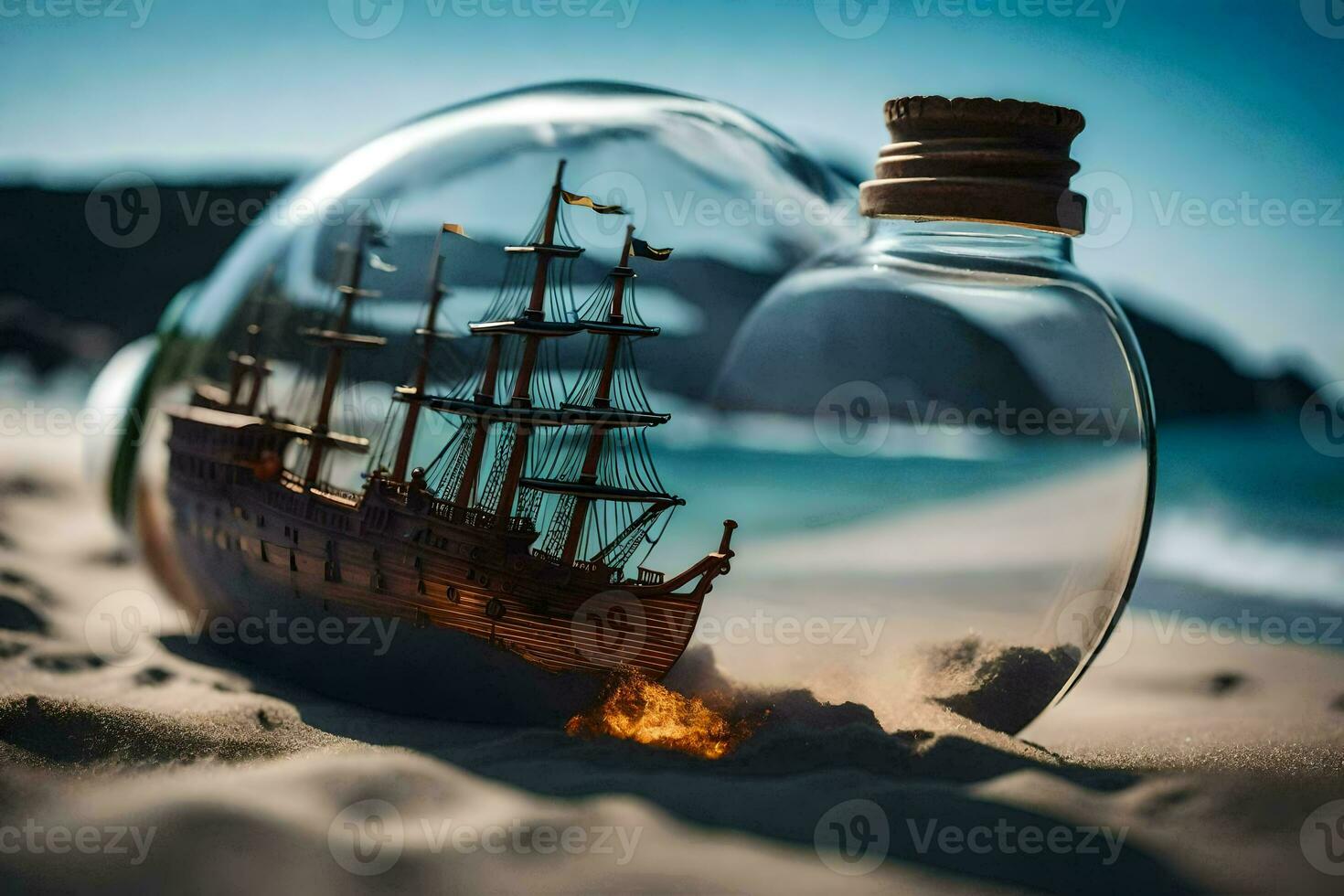 a ship in a bottle on the beach. AI-Generated photo