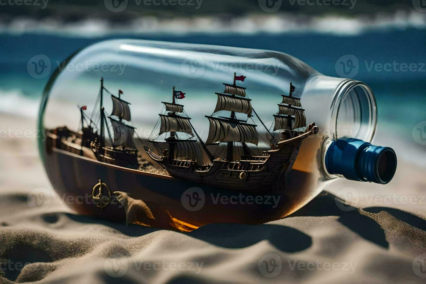 a ship in a bottle on the beach. AI-Generated photo