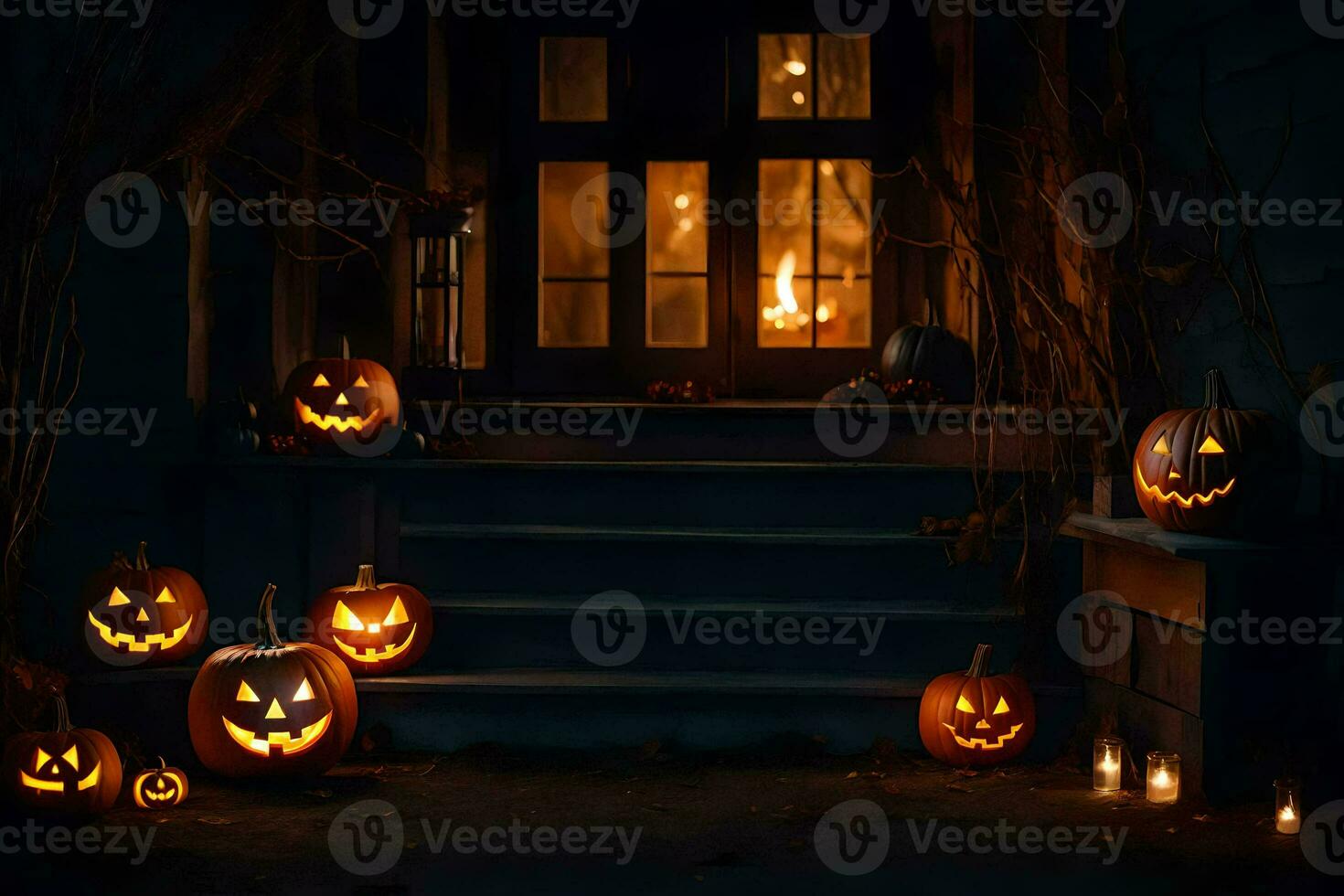halloween pumpkins on the steps of a house. AI-Generated photo