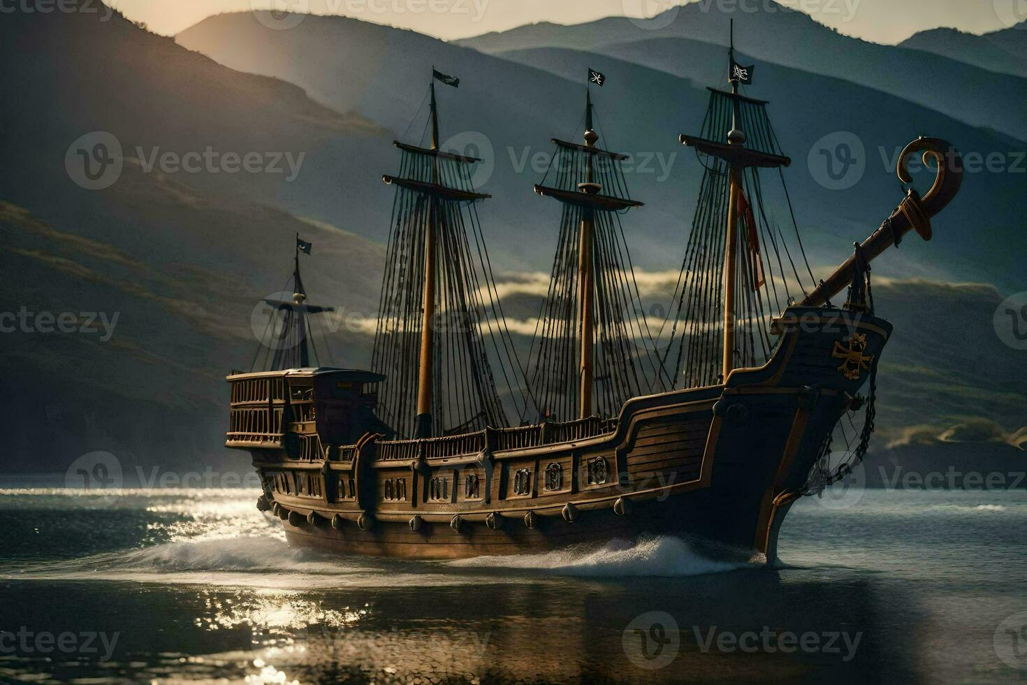 a pirate ship is sailing in the ocean. AI-Generated photo