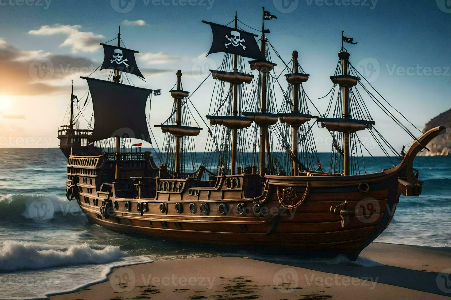 a pirate ship on the beach at sunset. AI-Generated photo