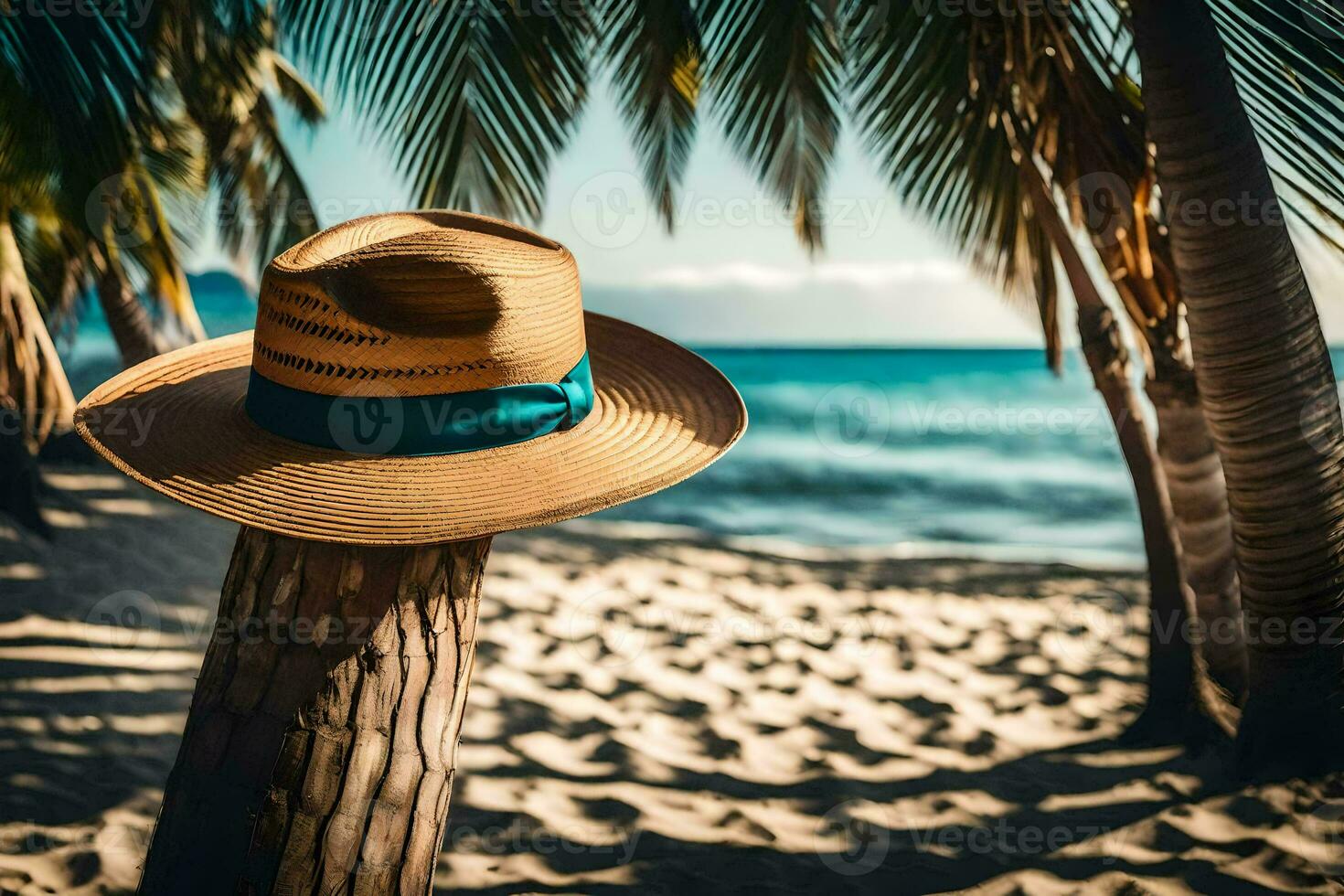 a hat sits on a wooden post near the ocean. AI-Generated photo