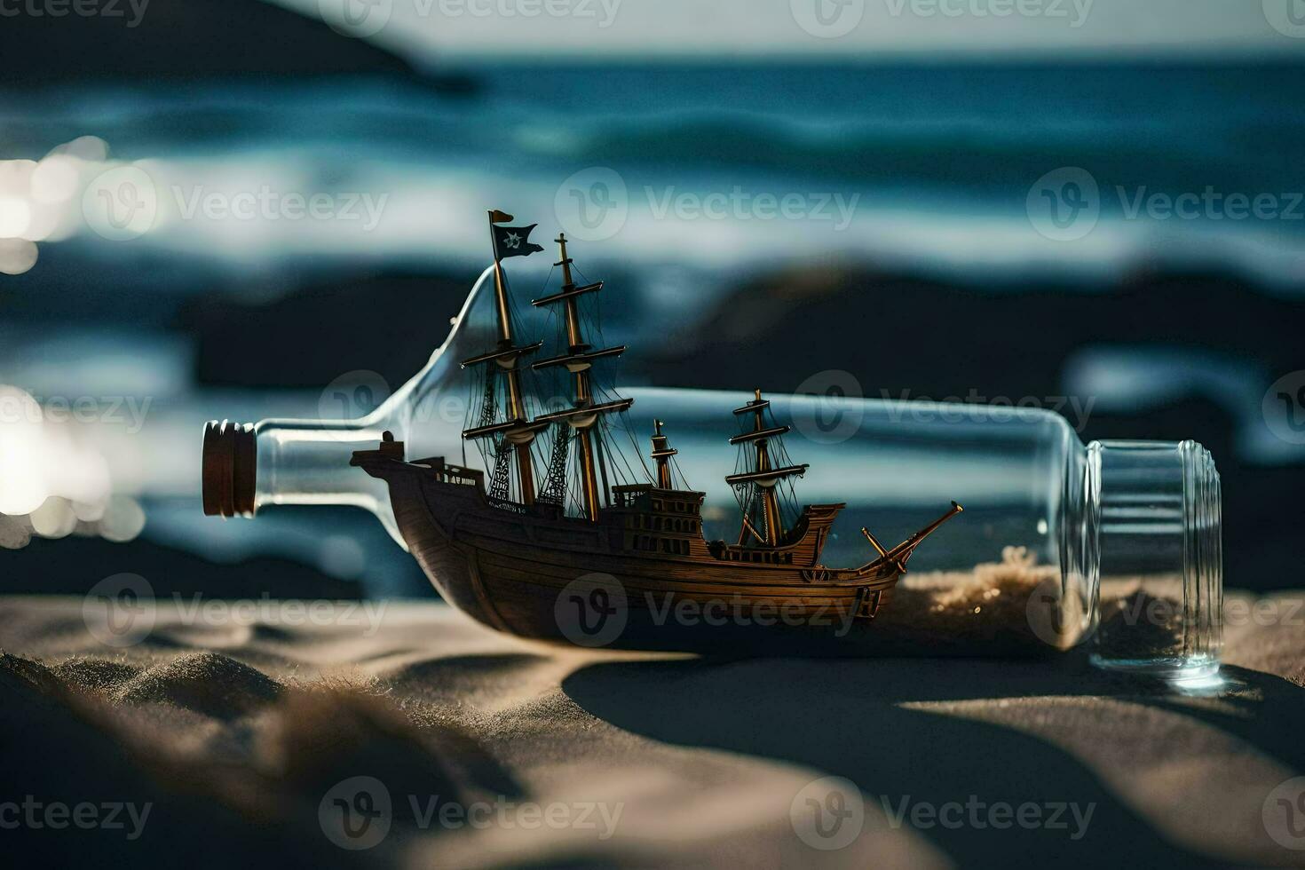 a ship in a bottle on the beach. AI-Generated photo