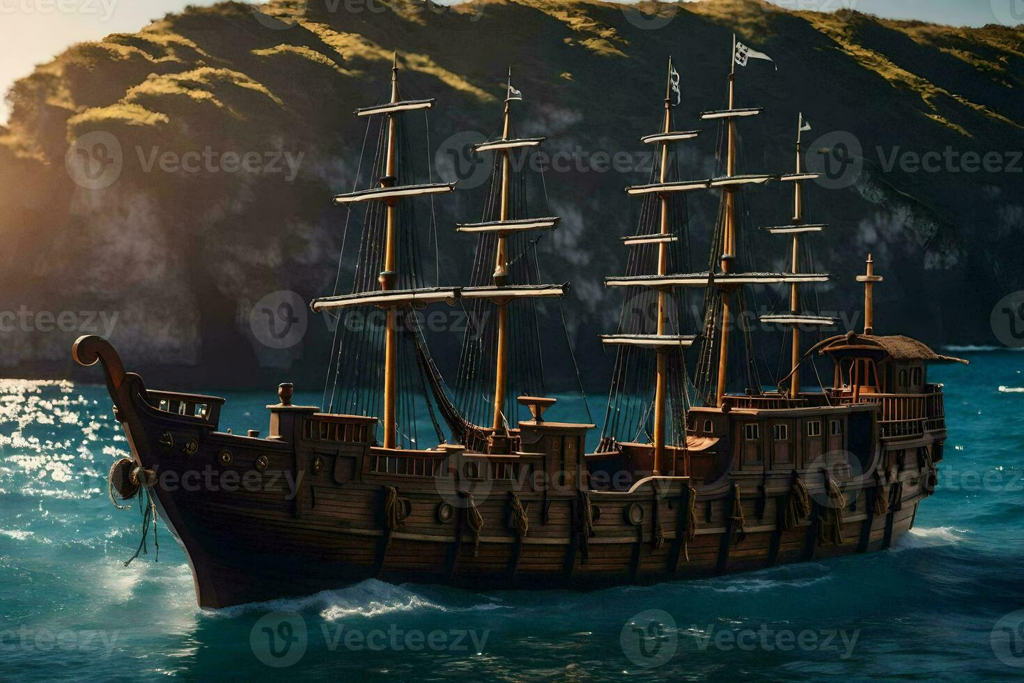 a wooden ship in the ocean. AI-Generated photo