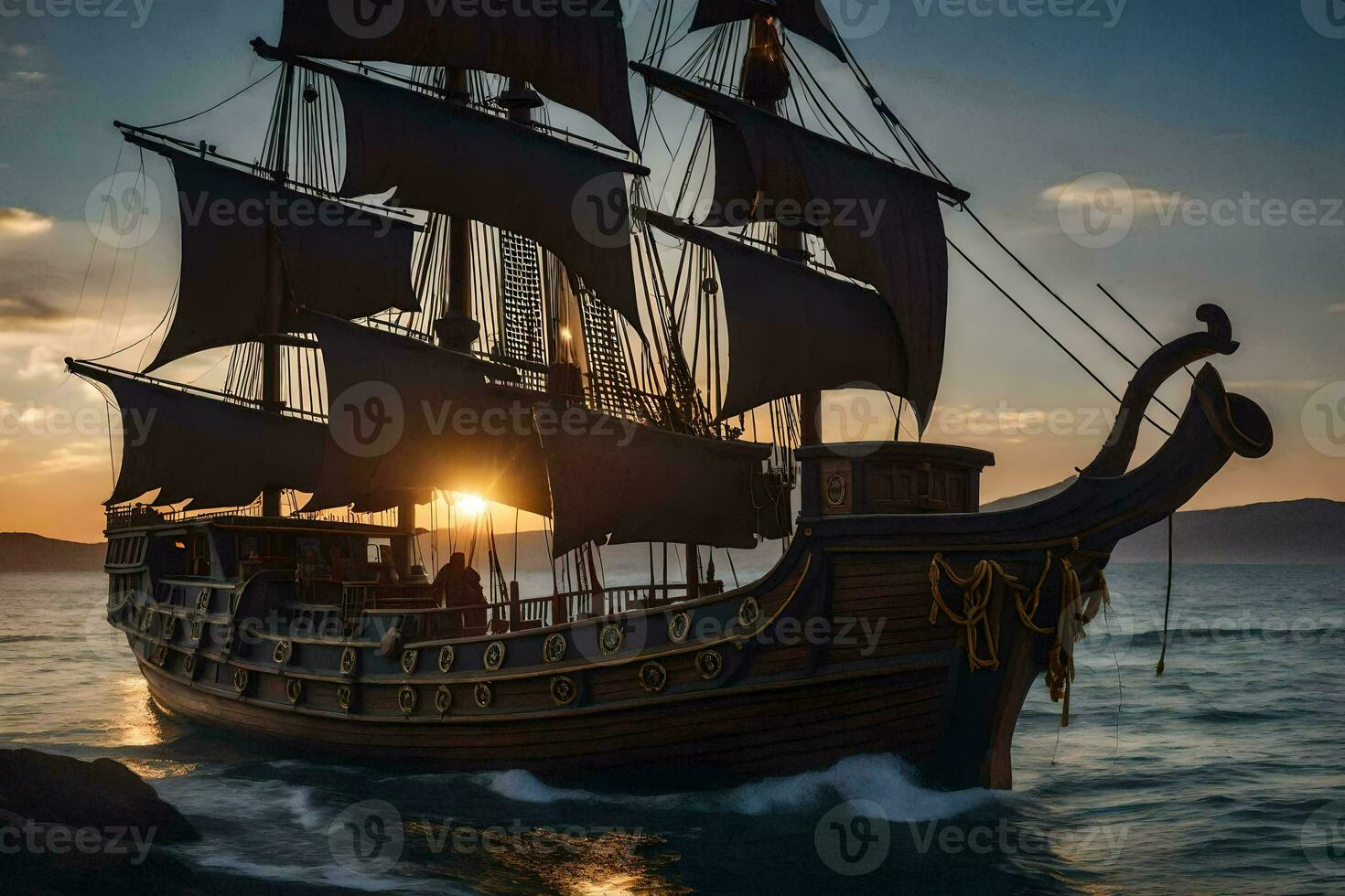 a pirate ship is sailing in the ocean at sunset. AI-Generated photo