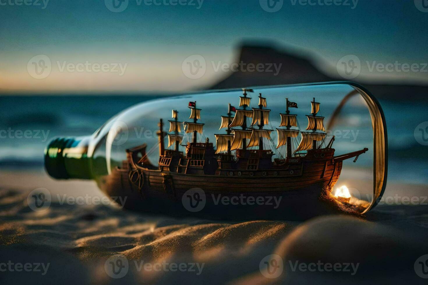 a ship in a bottle on the beach. AI-Generated photo