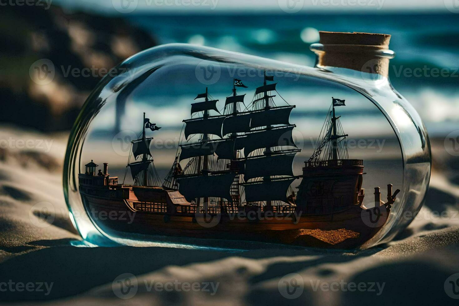 a ship in a bottle on the beach. AI-Generated photo