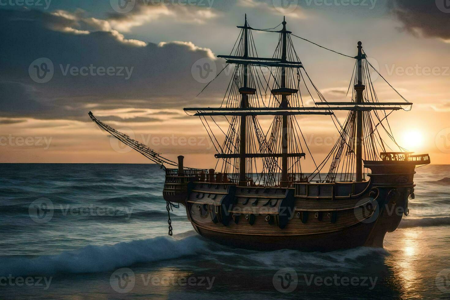 a wooden ship in the ocean at sunset. AI-Generated photo