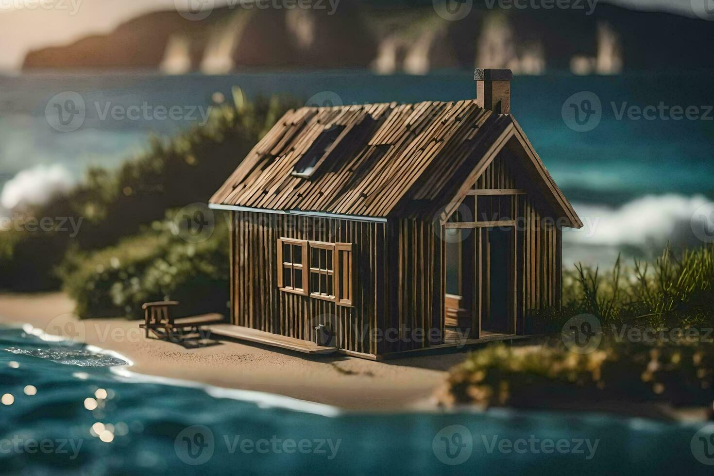 a small wooden house on the beach by the ocean. AI-Generated photo