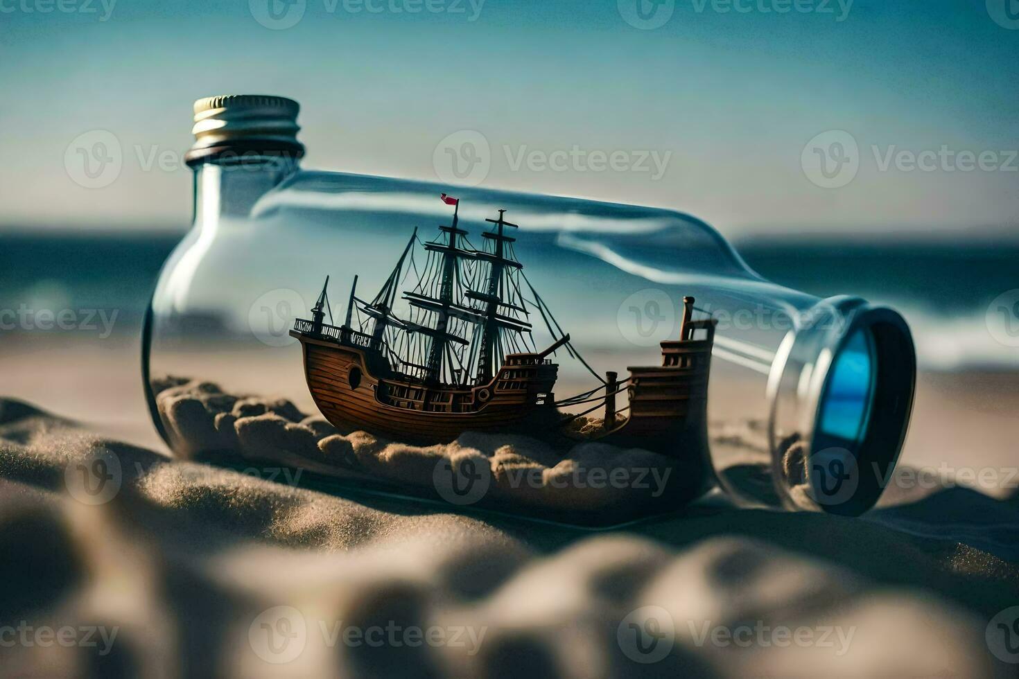ship in a bottle on the beach. AI-Generated photo