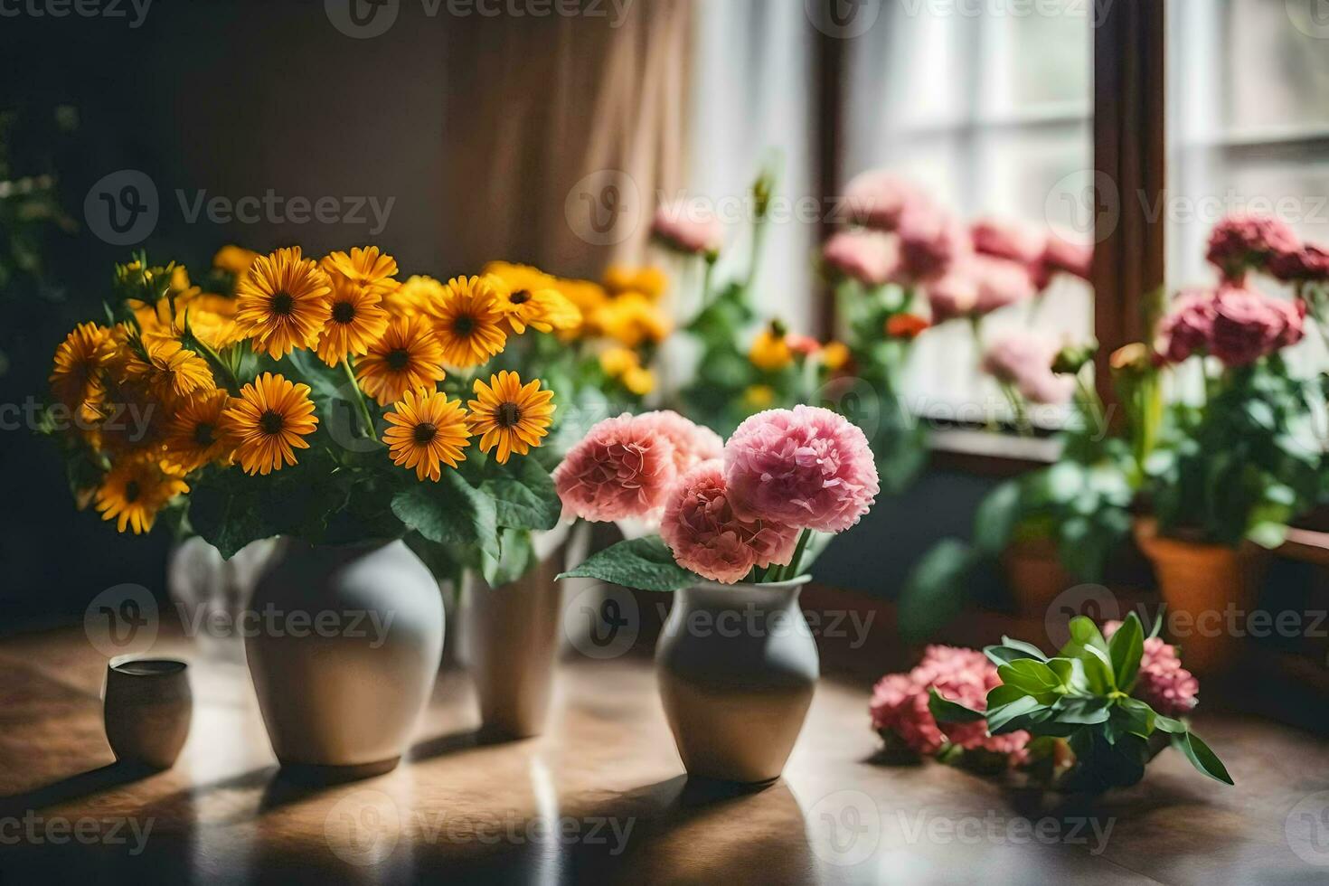 flowers in vases on a table near a window. AI-Generated photo