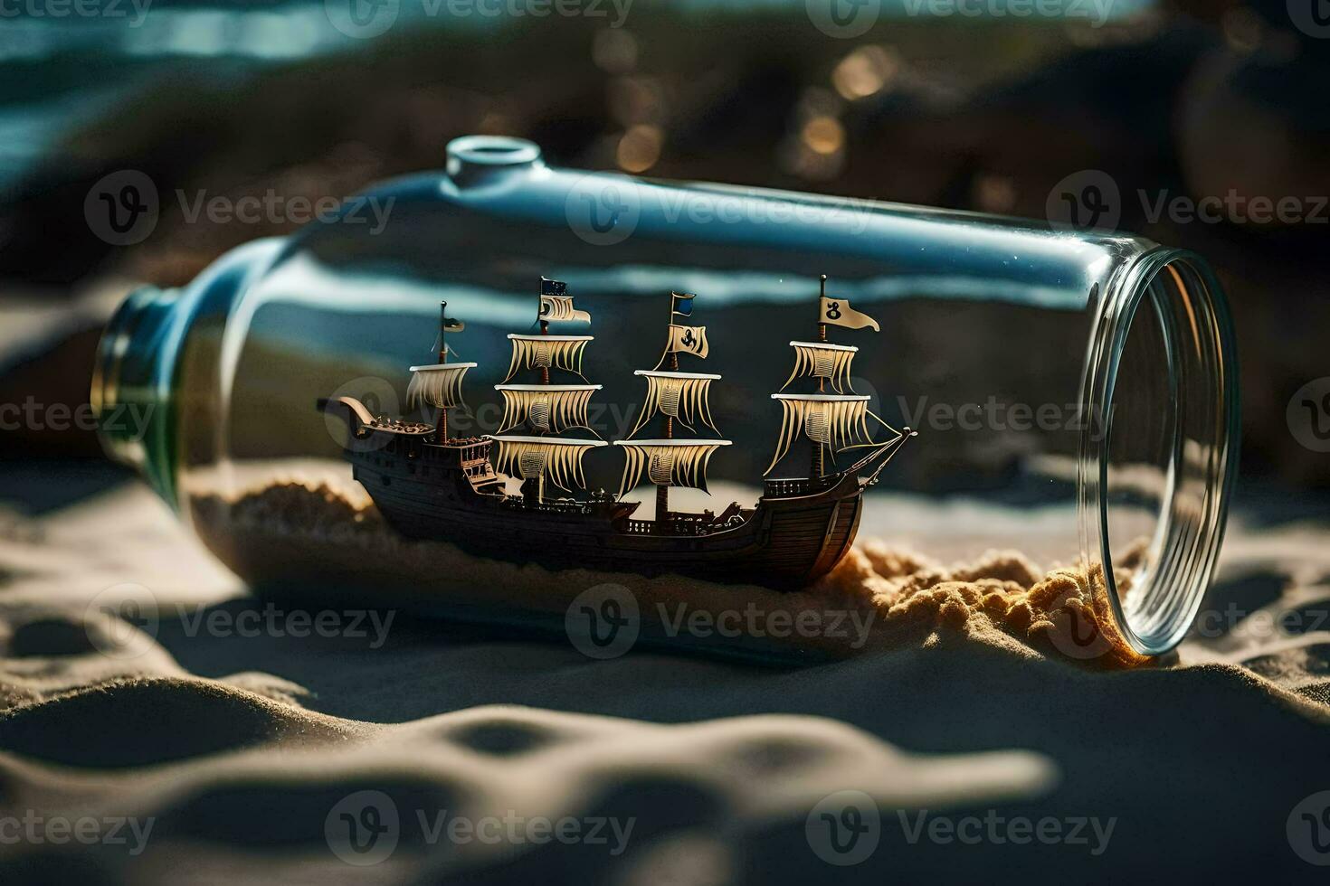 a ship in a bottle on the beach. AI-Generated photo