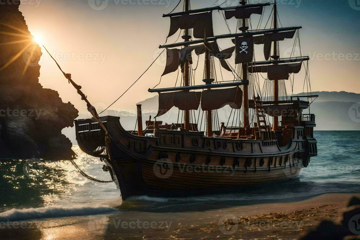 a pirate ship is docked on the beach. AI-Generated photo