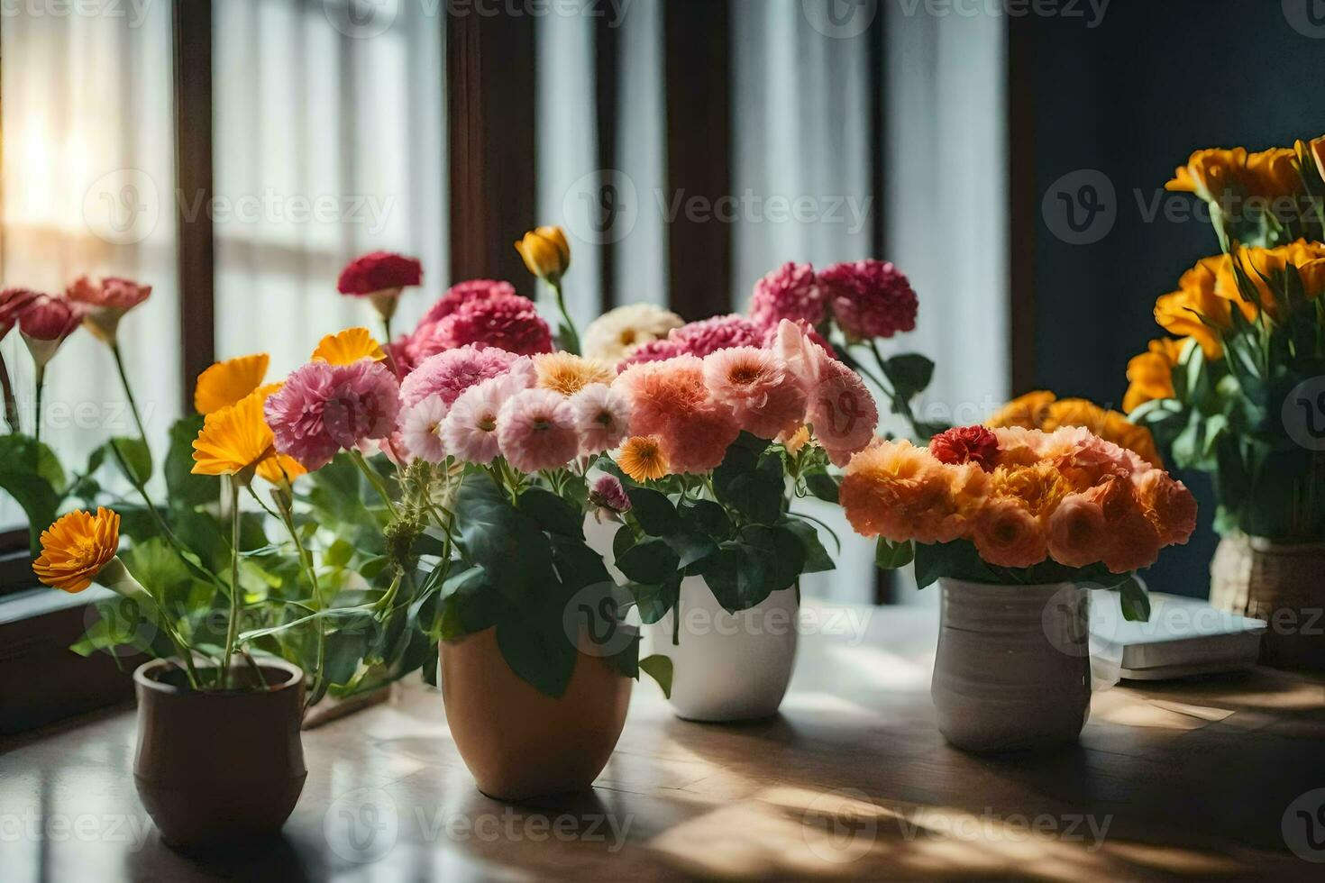 flowers in vases on a table. AI-Generated photo