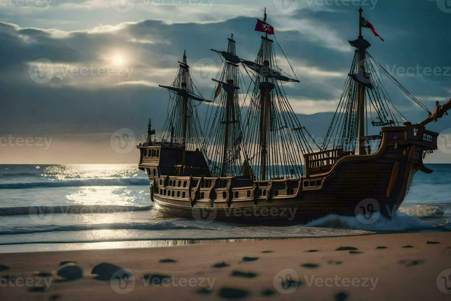 a pirate ship on the beach at sunset. AI-Generated photo