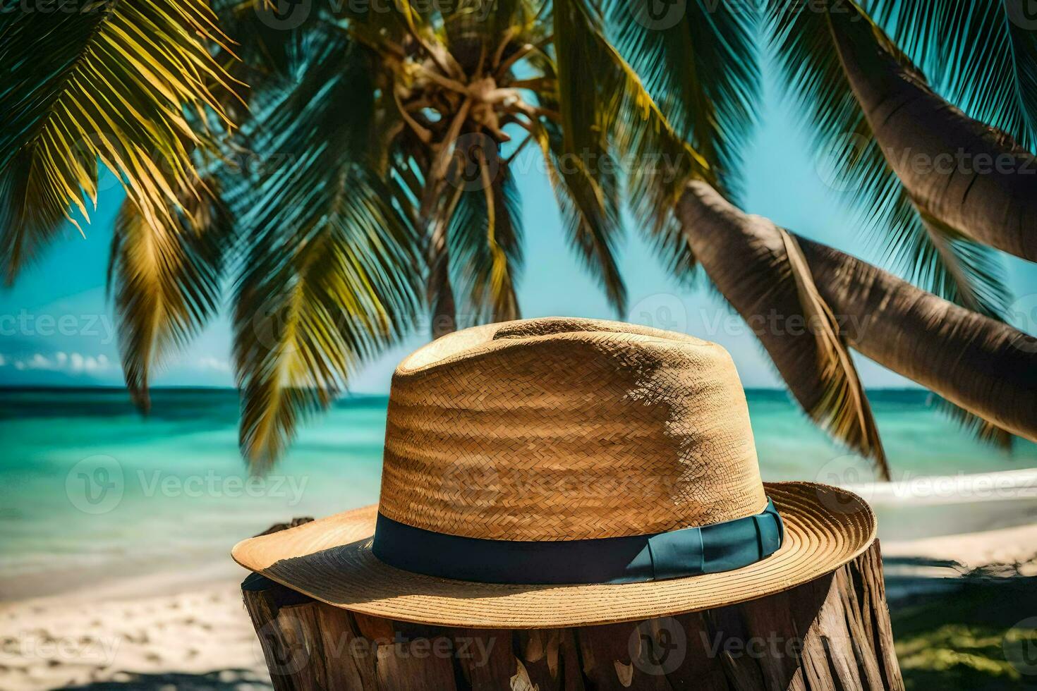 un Paja sombrero en un de madera enviar en el playa. generado por ai foto