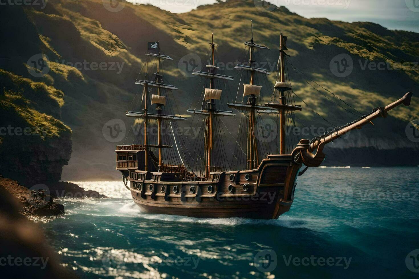 a pirate ship in the ocean near a cliff. AI-Generated photo