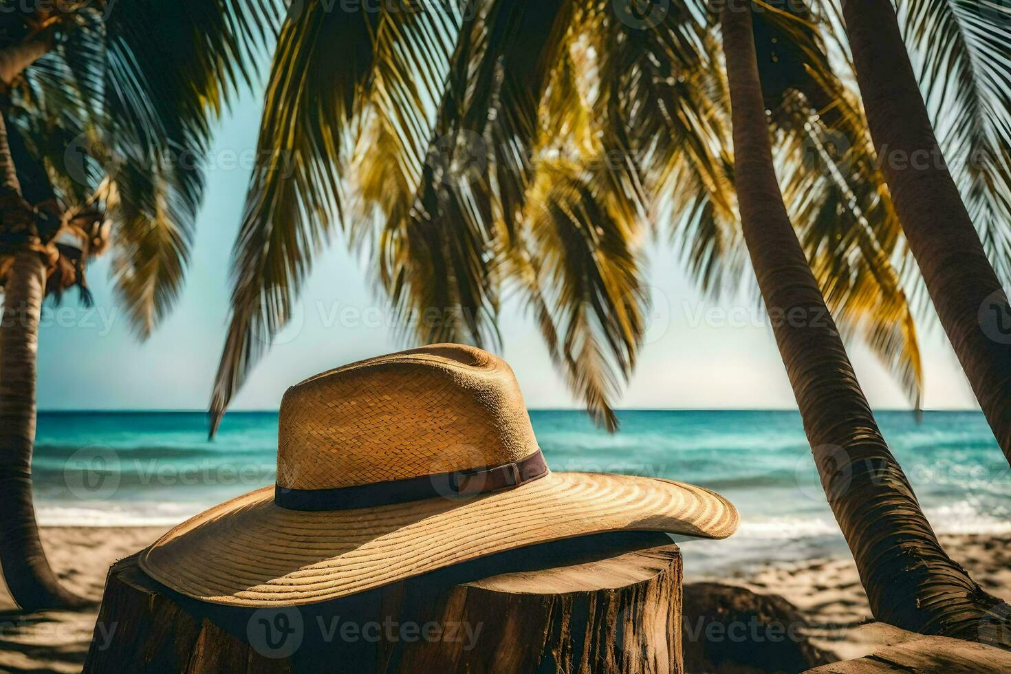straw hat on palm tree on beach. AI-Generated photo