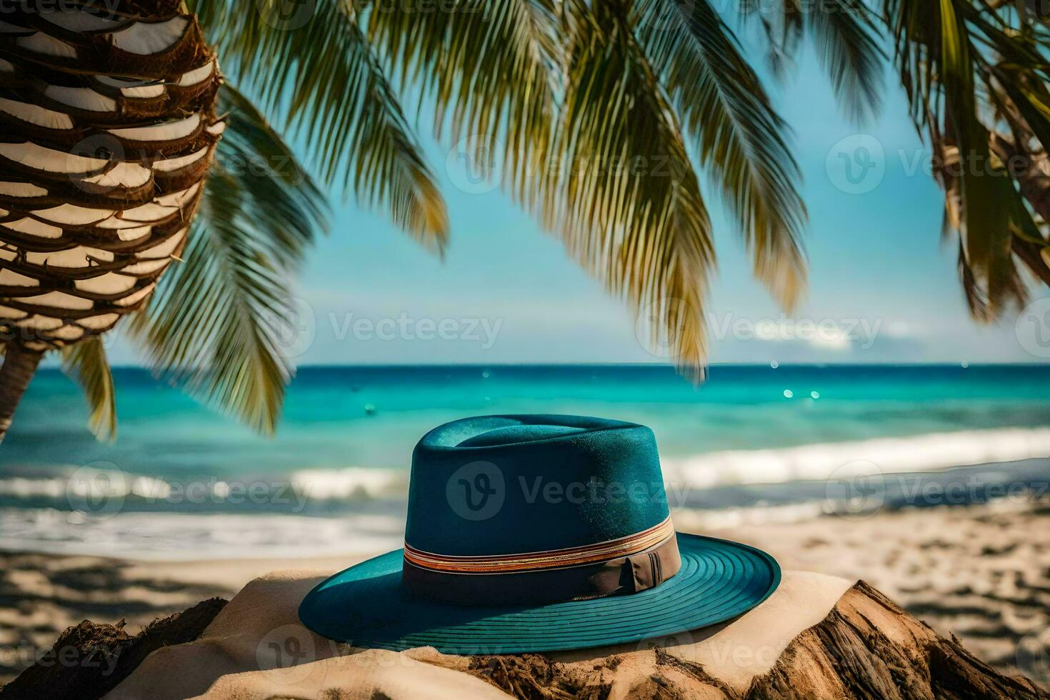 a hat sits on a tree stump near the ocean. AI-Generated photo